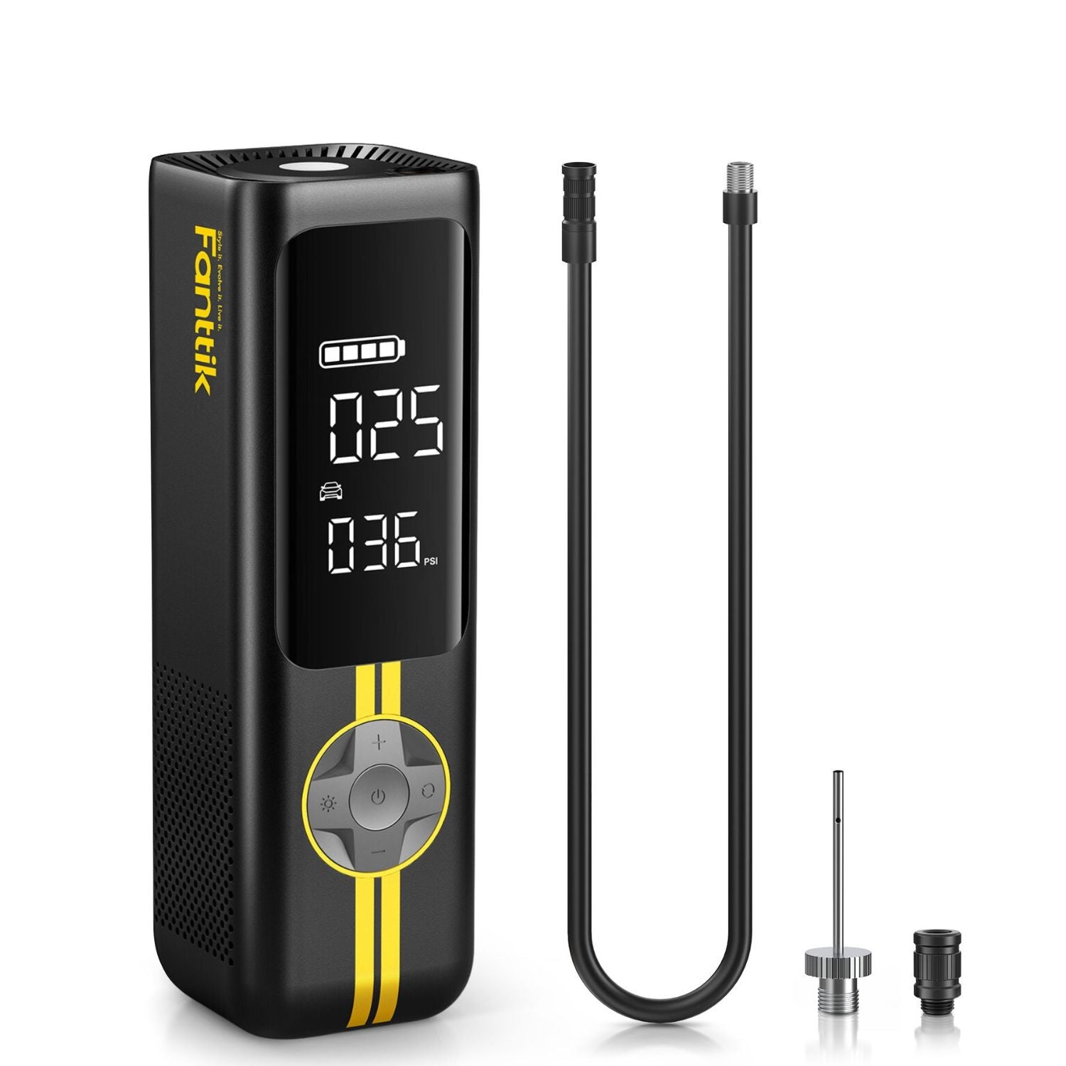 Black Fanttik X8 APEX rechargeable tire inflator shown with its hose and valve adapters on a white background.