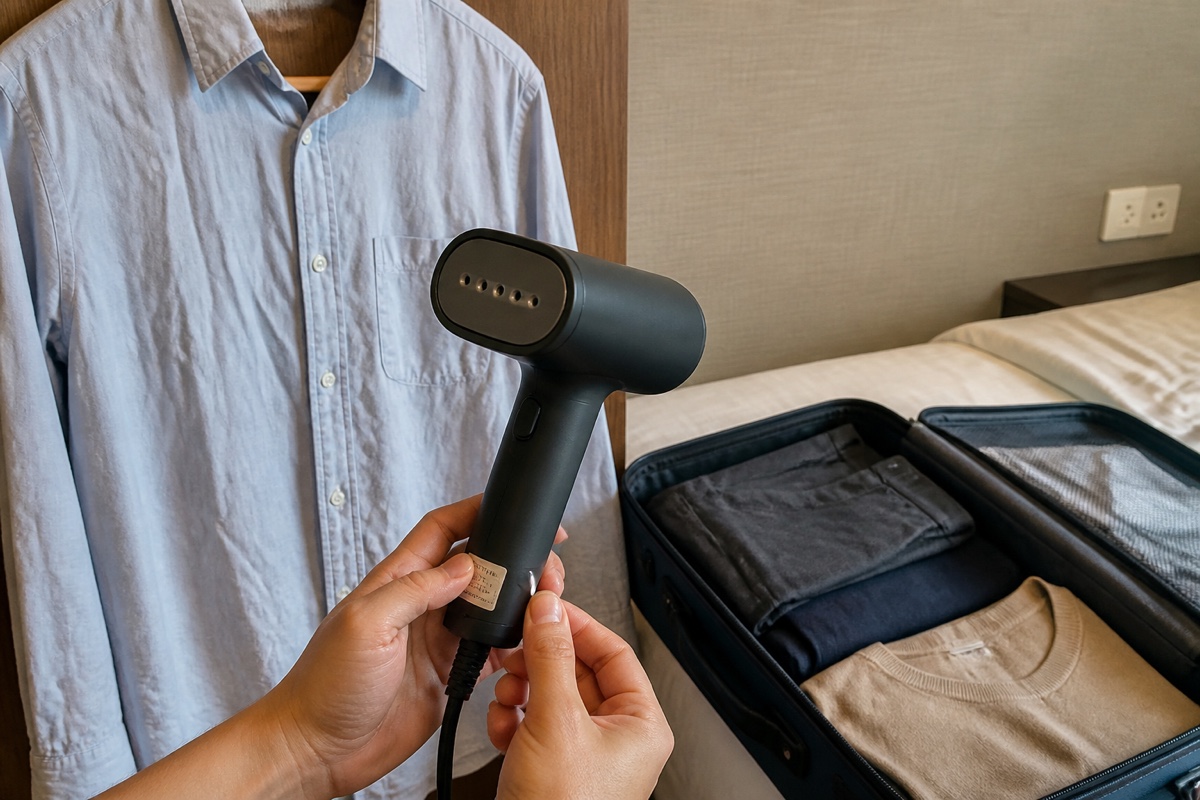 Hands check the voltage label on an unbranded compact garment steamer beside a wrinkled shirt and an open suitcase in a hotel room.