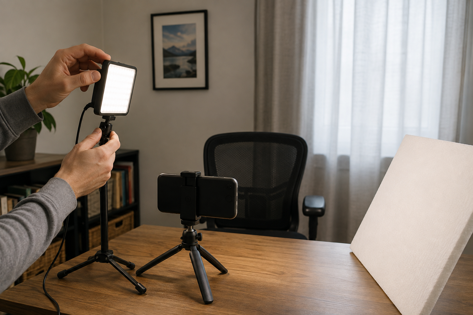 Hands place a small diffused LED panel beside a phone and white bounce card in a compact home office.