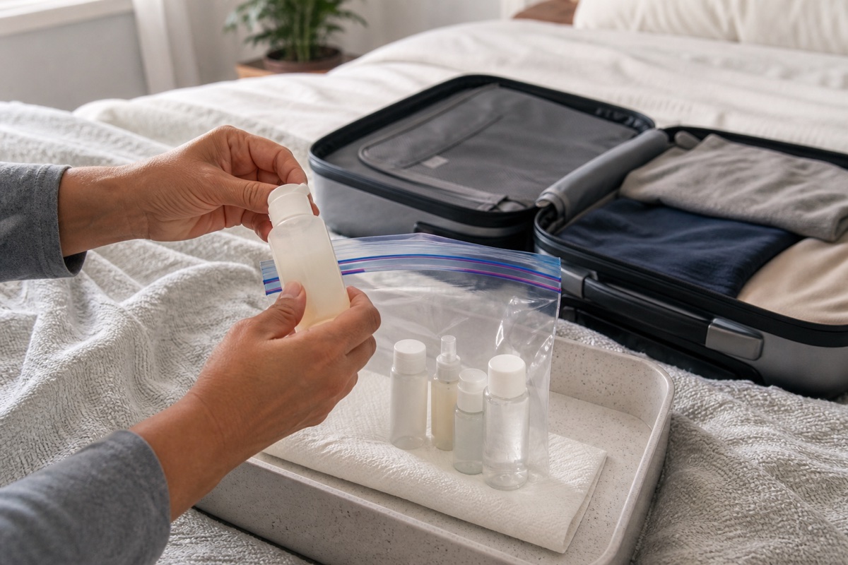Hands tightening an unbranded travel bottle over a tray before placing toiletries in a clear resealable pouch beside an open suitcase.