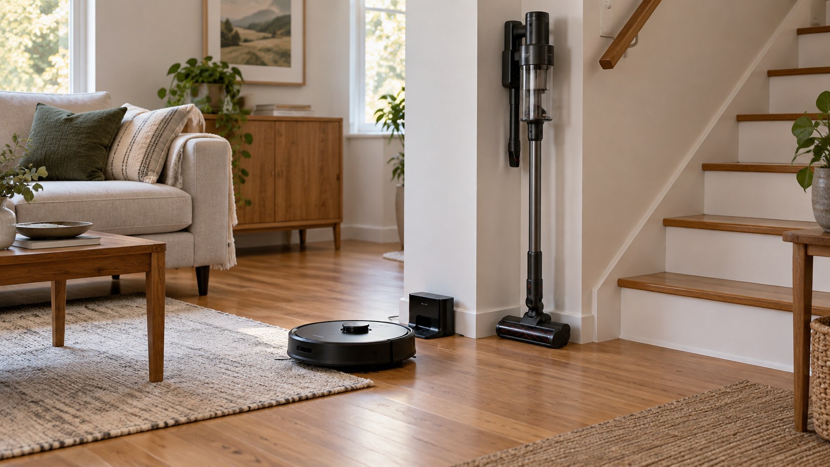 AI illustration of generic robot and stick vacuums near a living-room floor and stairs; not the named products.
