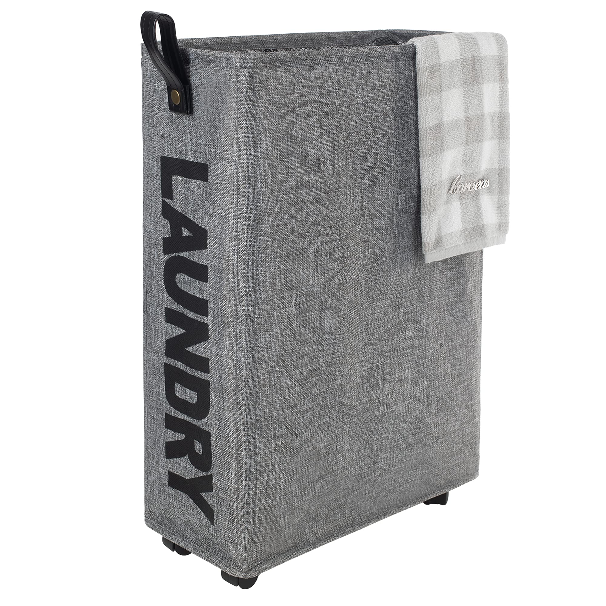 Gray Caroeas narrow fabric laundry hamper with four small wheels and a tall rectangular body.
