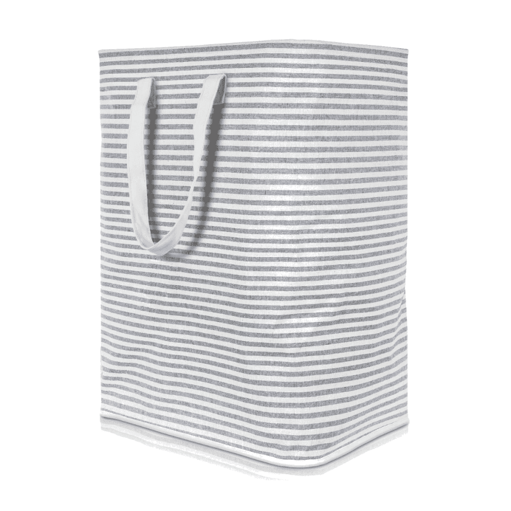 Gray-and-white striped Lifewit 72-liter freestanding soft laundry hamper with two long fabric handles.