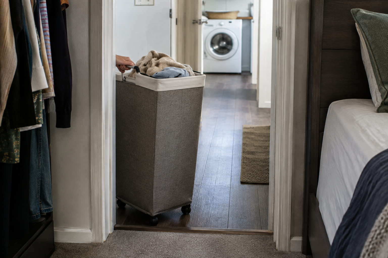 A tall unbranded wheeled laundry hamper passing through a narrow bedroom doorway toward a washer at the end of the hall.