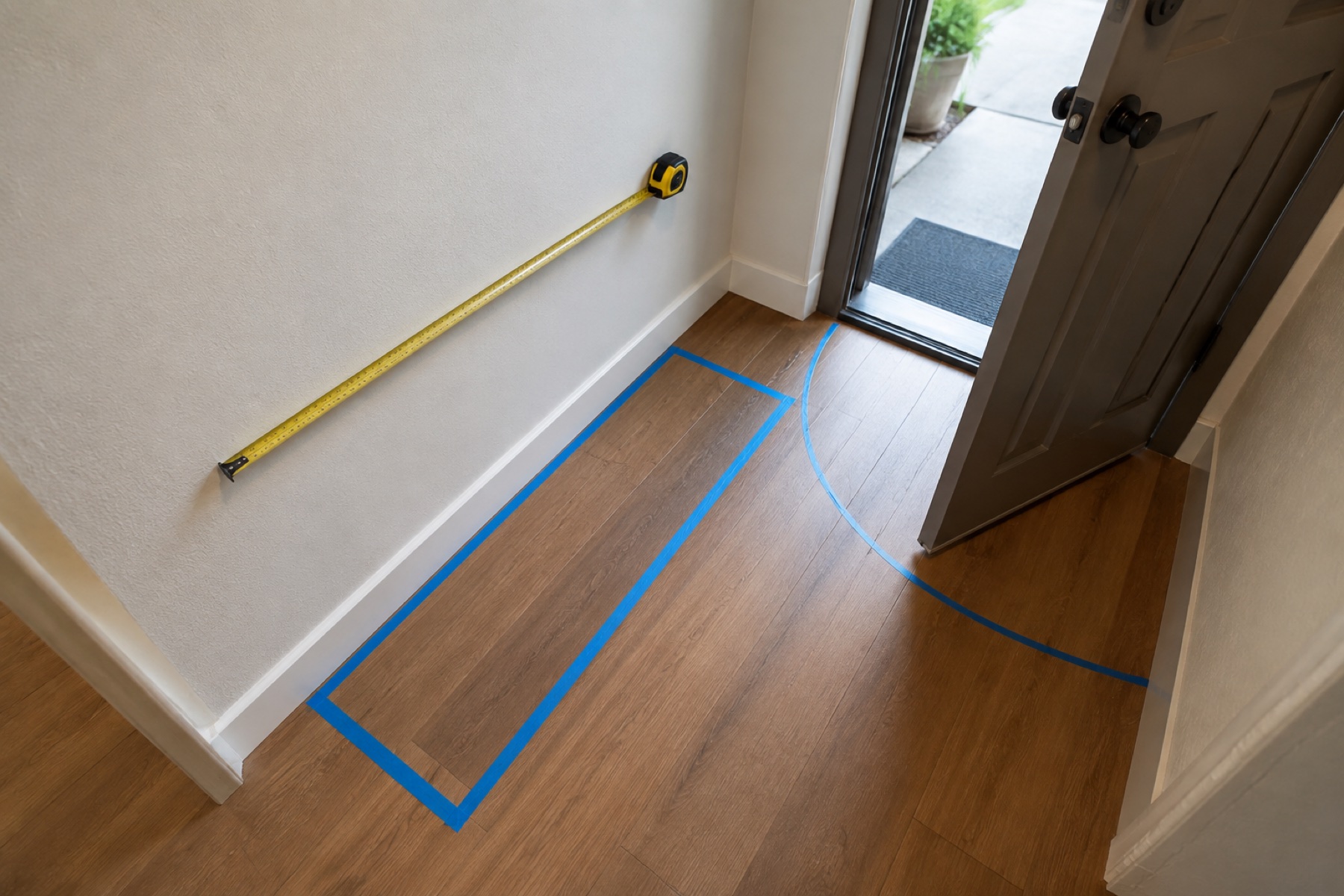 A narrow entryway with a steel tape measure, blue painter's tape outlining a storage footprint, and a curved tape line showing the door swing.