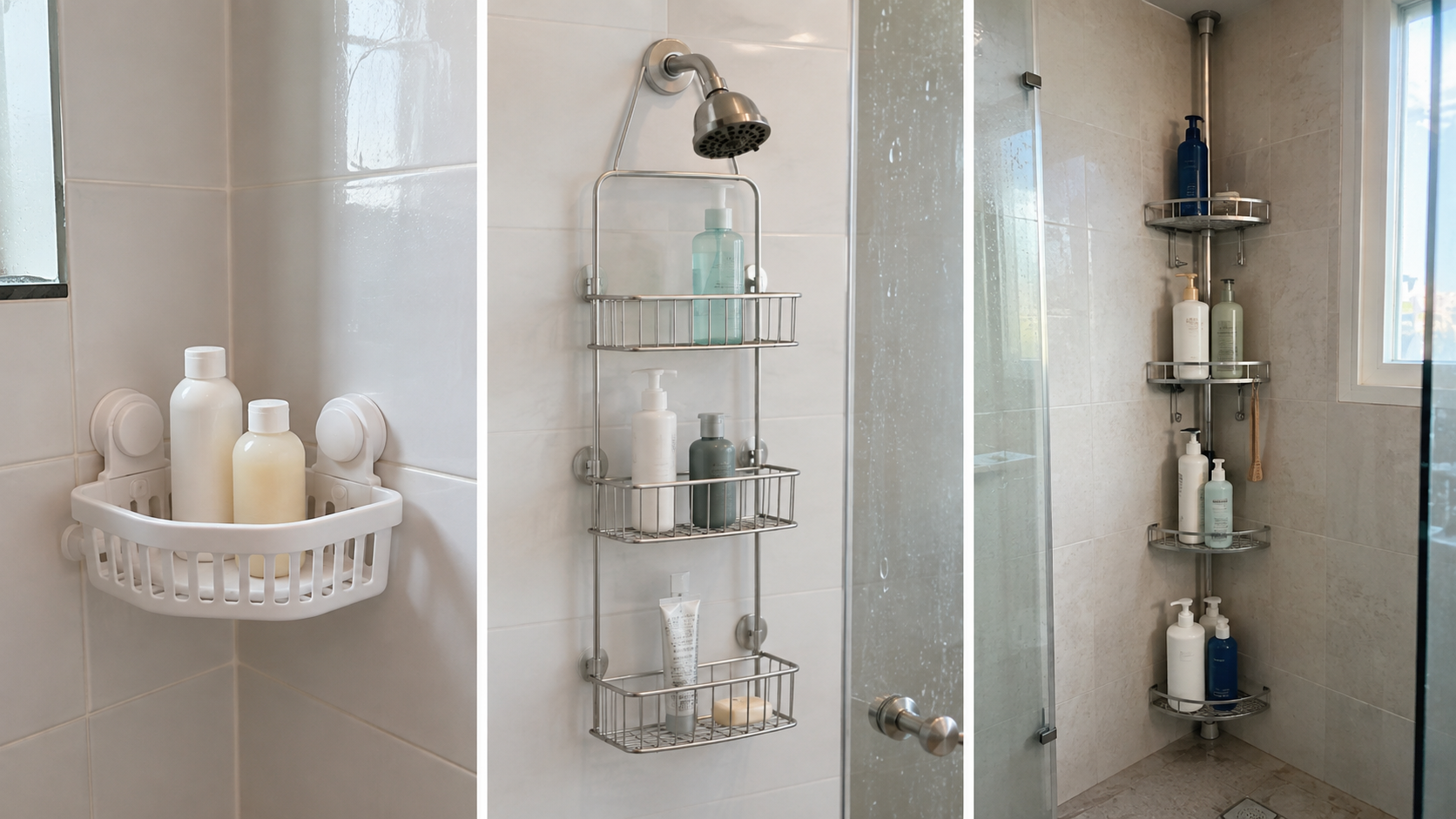 Three ordinary tiled shower bays compare a white suction corner basket, a silver showerhead-hung caddy, and a full-height silver tension-pole caddy.