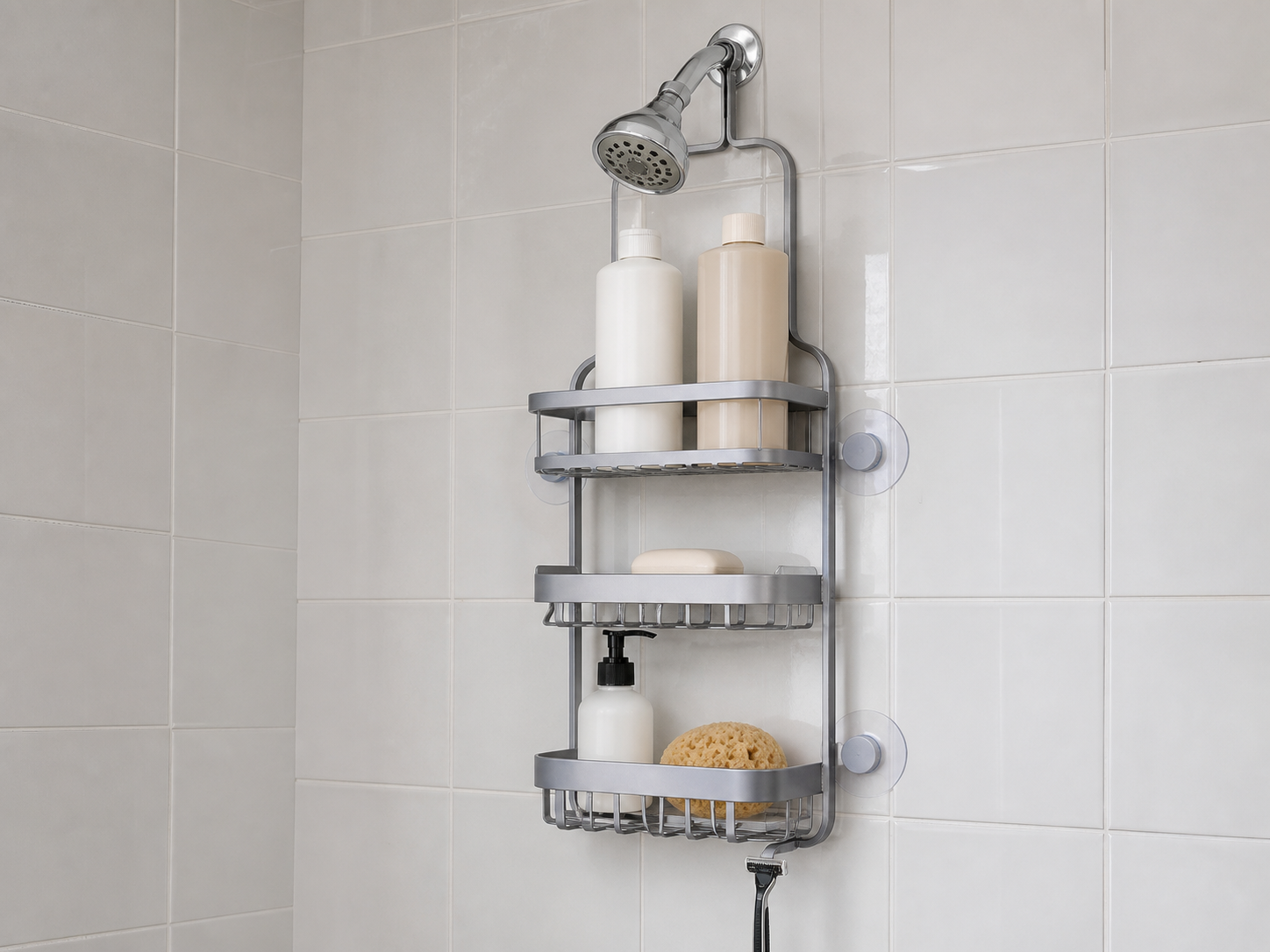 Original unbranded illustration of a silver three-tier shower caddy hanging from a showerhead pipe with lower suction stabilizers.