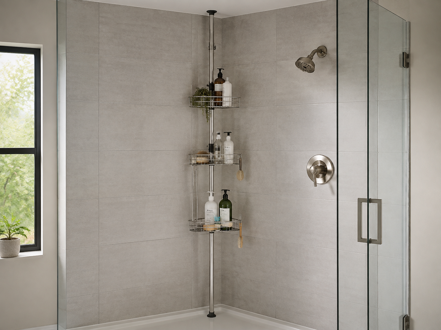 Original unbranded illustration of a full-height silver tension-pole shower caddy with three adjustable wire baskets in a tiled corner.