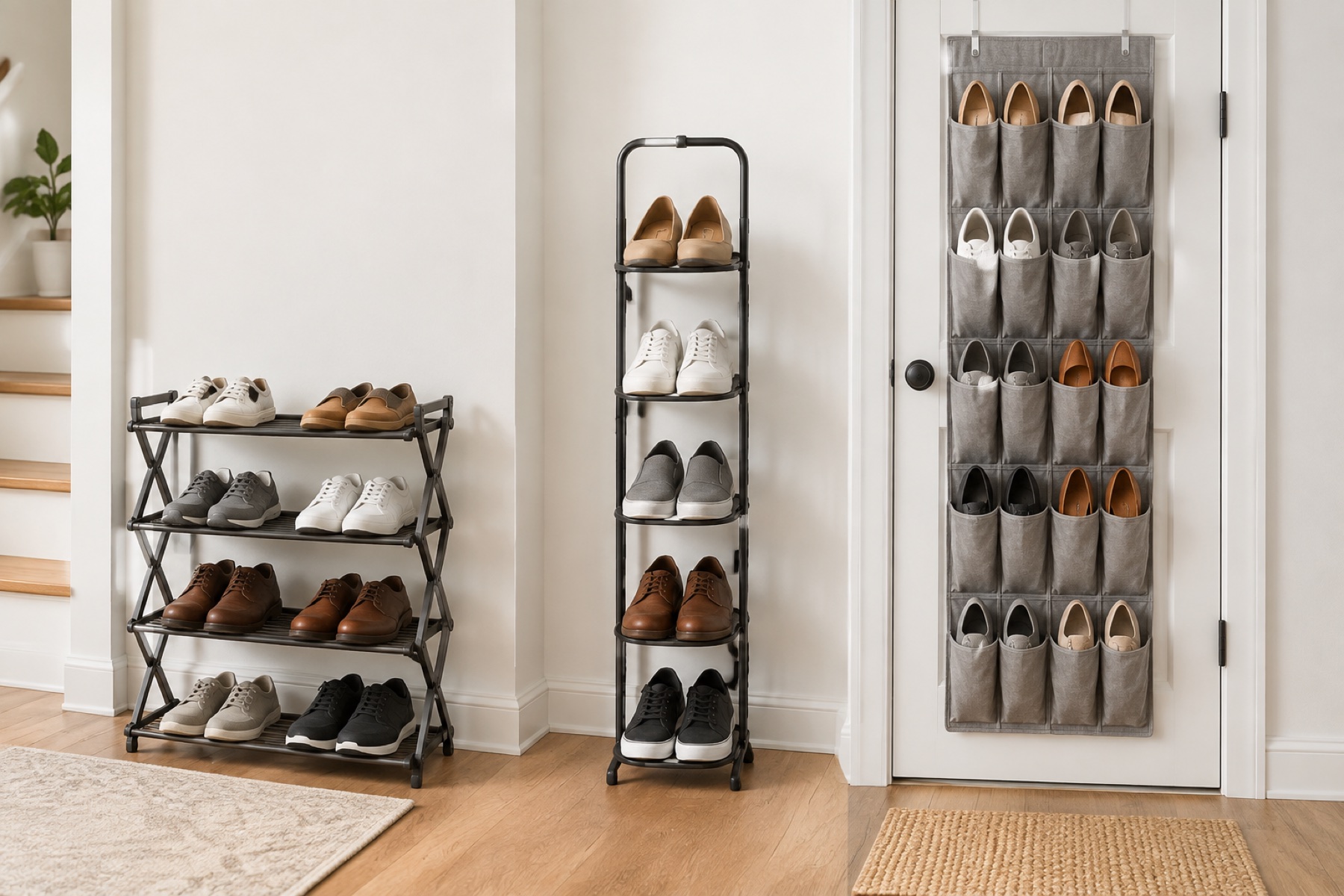 Three small-entryway shoe-storage formats shown side by side: an expandable open rack, a narrow vertical tower, and a fabric over-door pocket organizer.