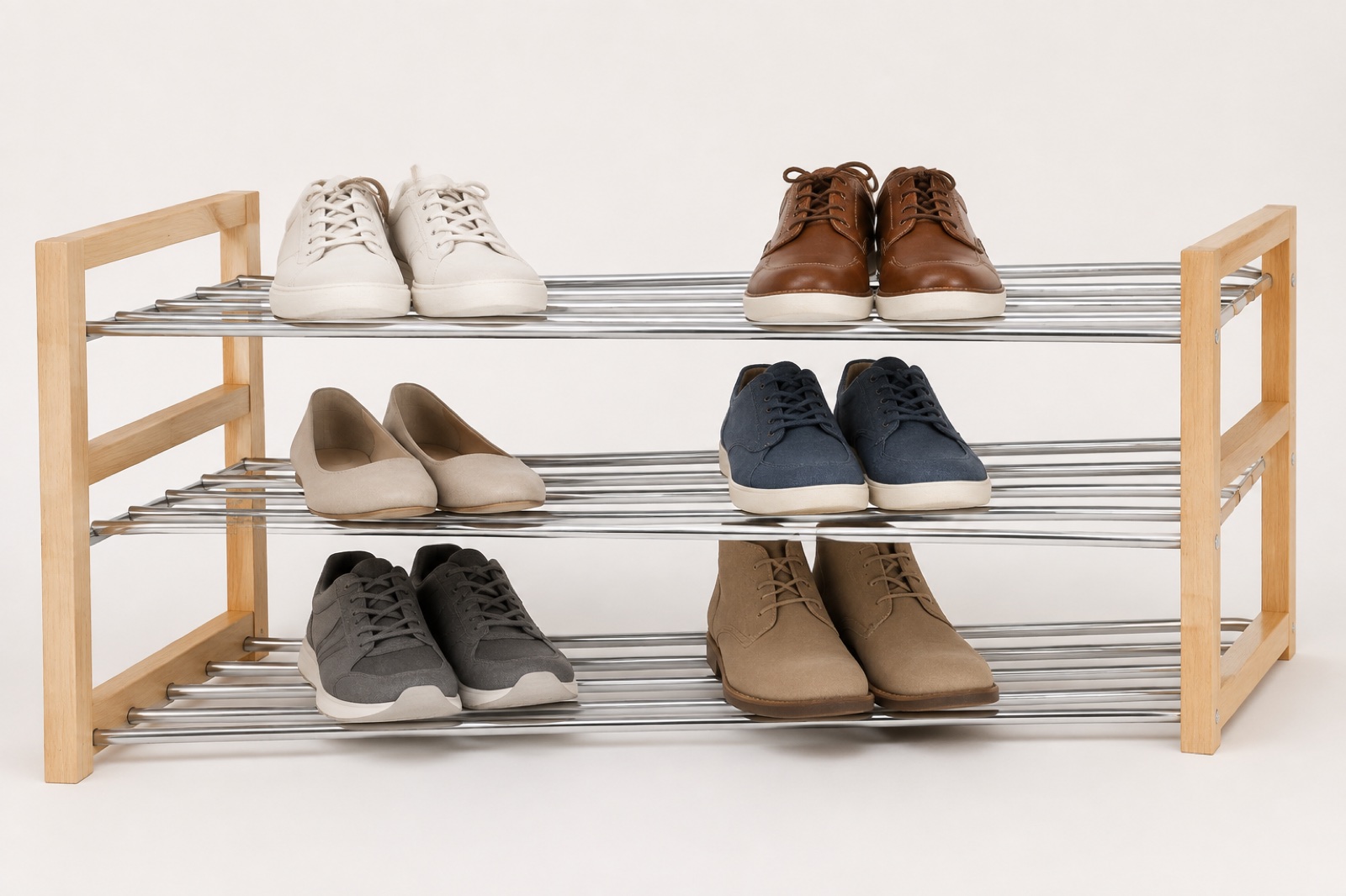 Original unbranded illustration of a natural-wood and chrome three-tier expandable shoe rack holding six ordinary shoe pairs on an off-white background.