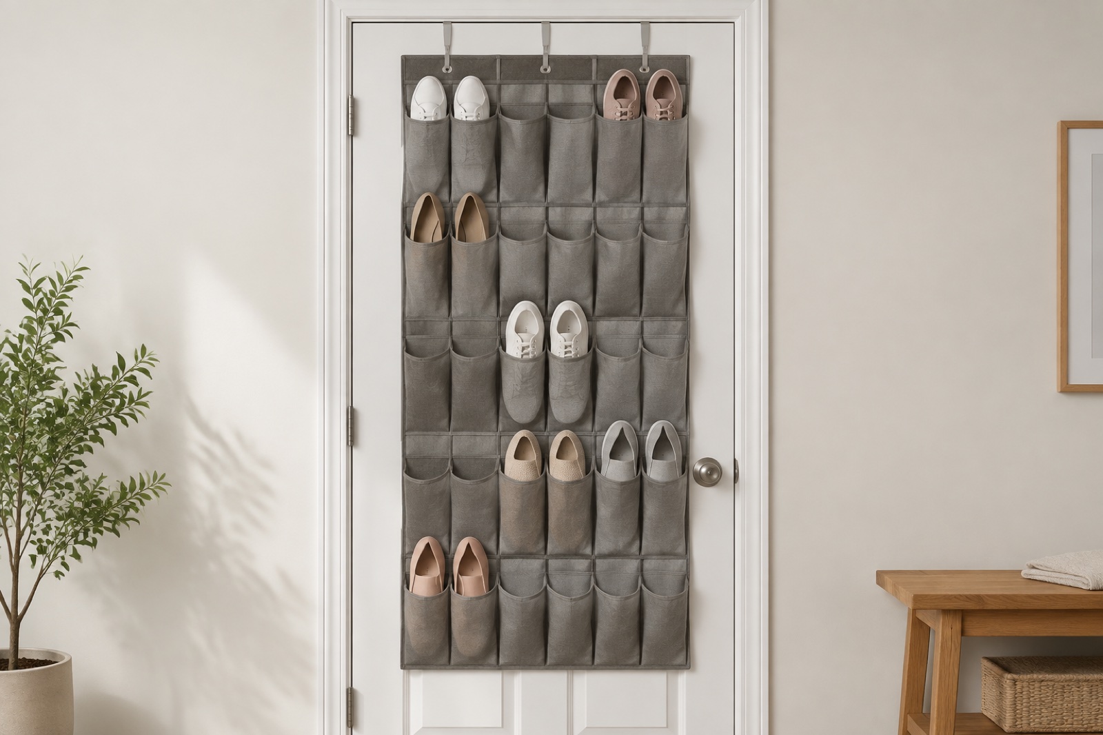 Original unbranded illustration of a gray 24-pocket fabric shoe organizer mounted on a white interior door with several pockets intentionally empty.