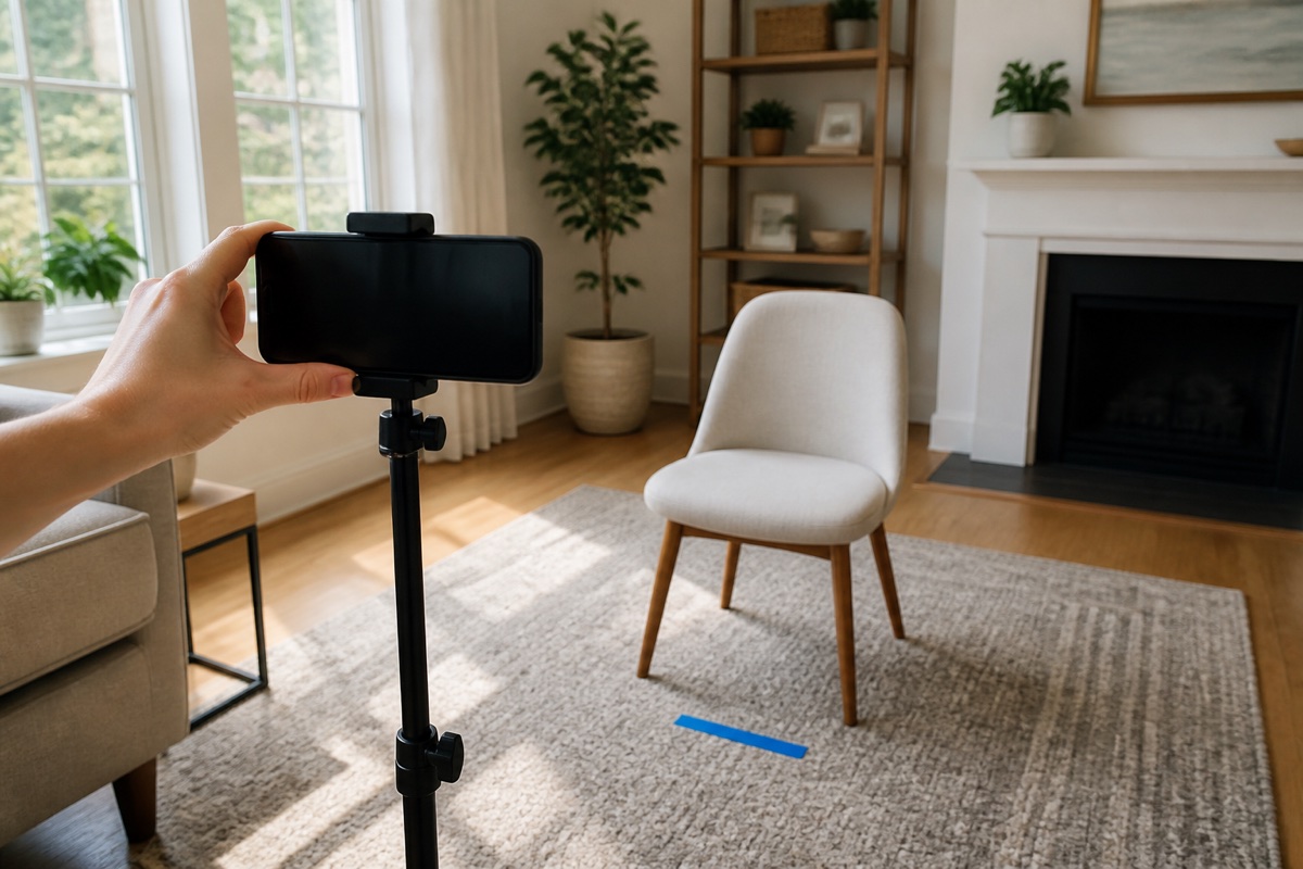 Hand adjusting a phone facing an empty chair and a floor position mark in a living room.