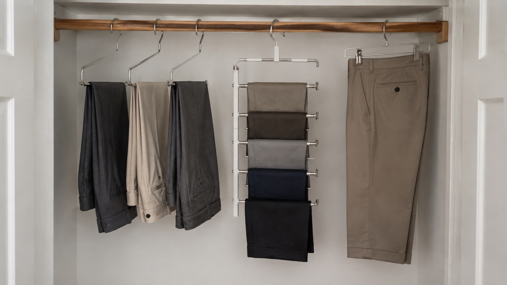 Three pants-hanger formats in a small closet: separate open bars, a five-tier vertical stack, and an adjustable clip hanger.