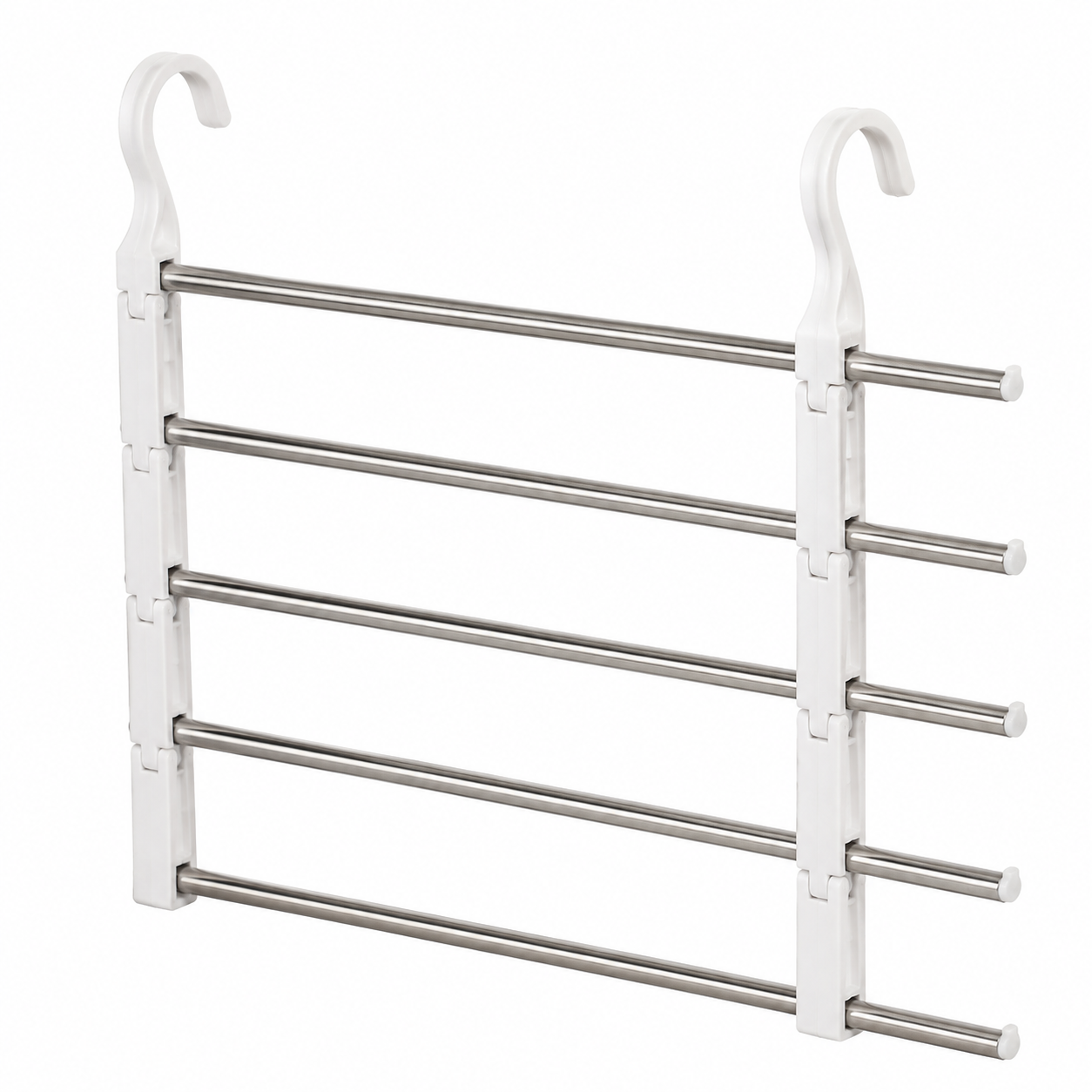Original unbranded illustration of a white and stainless five-tier pants hanger on a plain background.