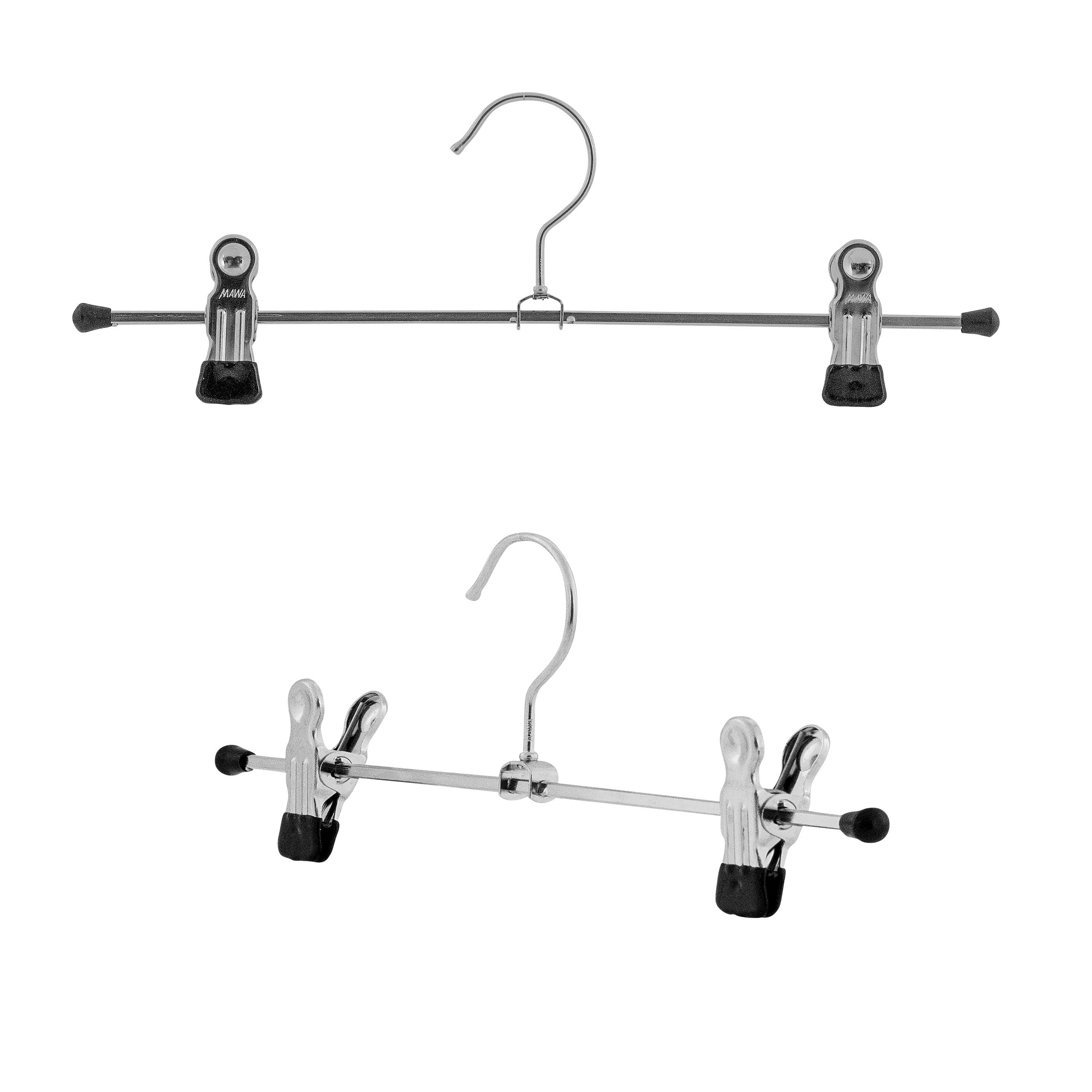 White MAWA K30D adjustable clip hanger with two clips and a chrome rotating hook on a white background.
