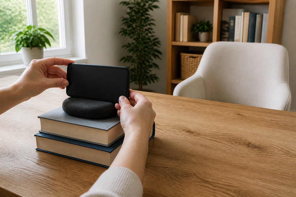 Hands positioning a phone on a short broad stack of books well back from the edge of a table.
