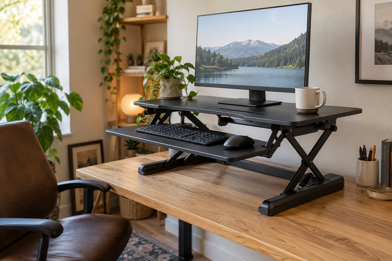 AI illustration of generic equipment for Standing Desk or Converter? Keep the Setup That Fits; not the named products.