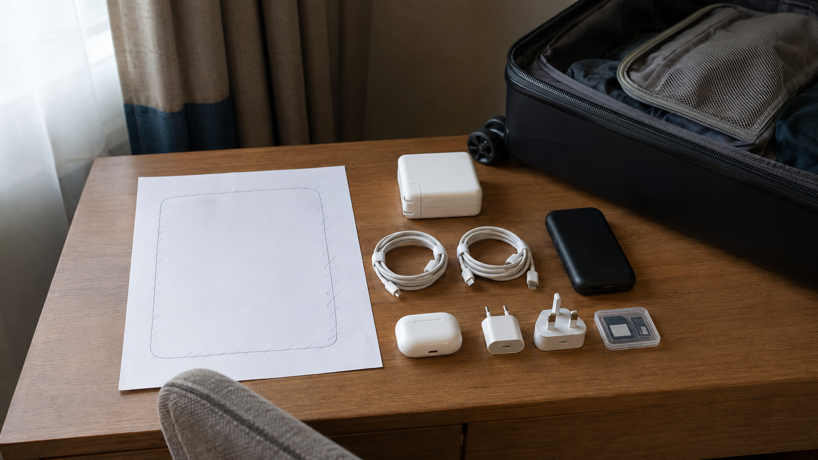 An open carry-on and an ordinary hotel desk with charging cables, adapters, a power bank, and a paper footprint arranged before choosing a travel tech pouch.
