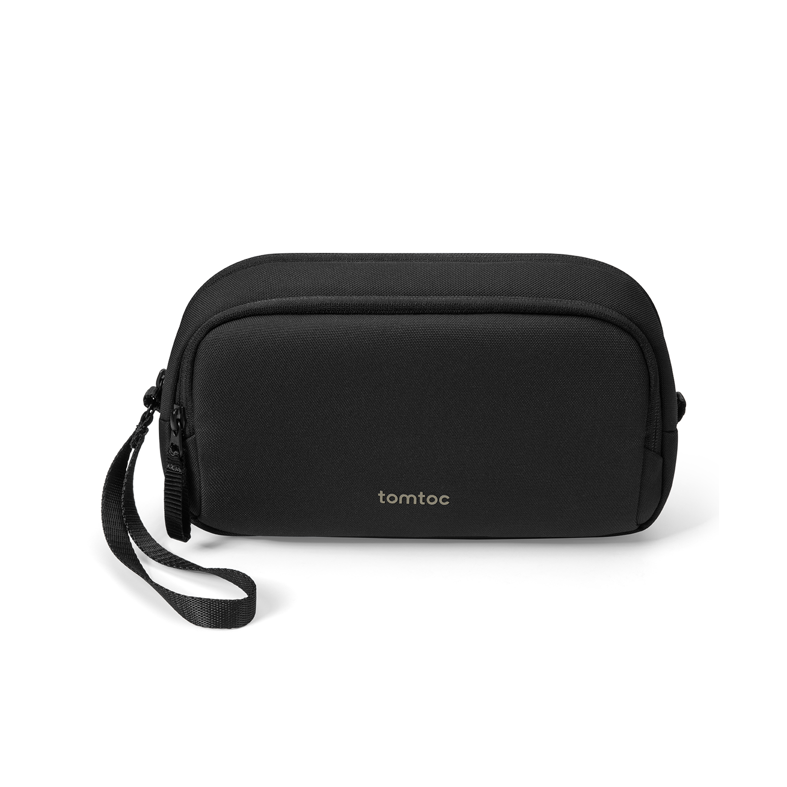 Official black tomtoc Light-T12 Medium electronic accessory pouch shown open with divided storage on a white background.