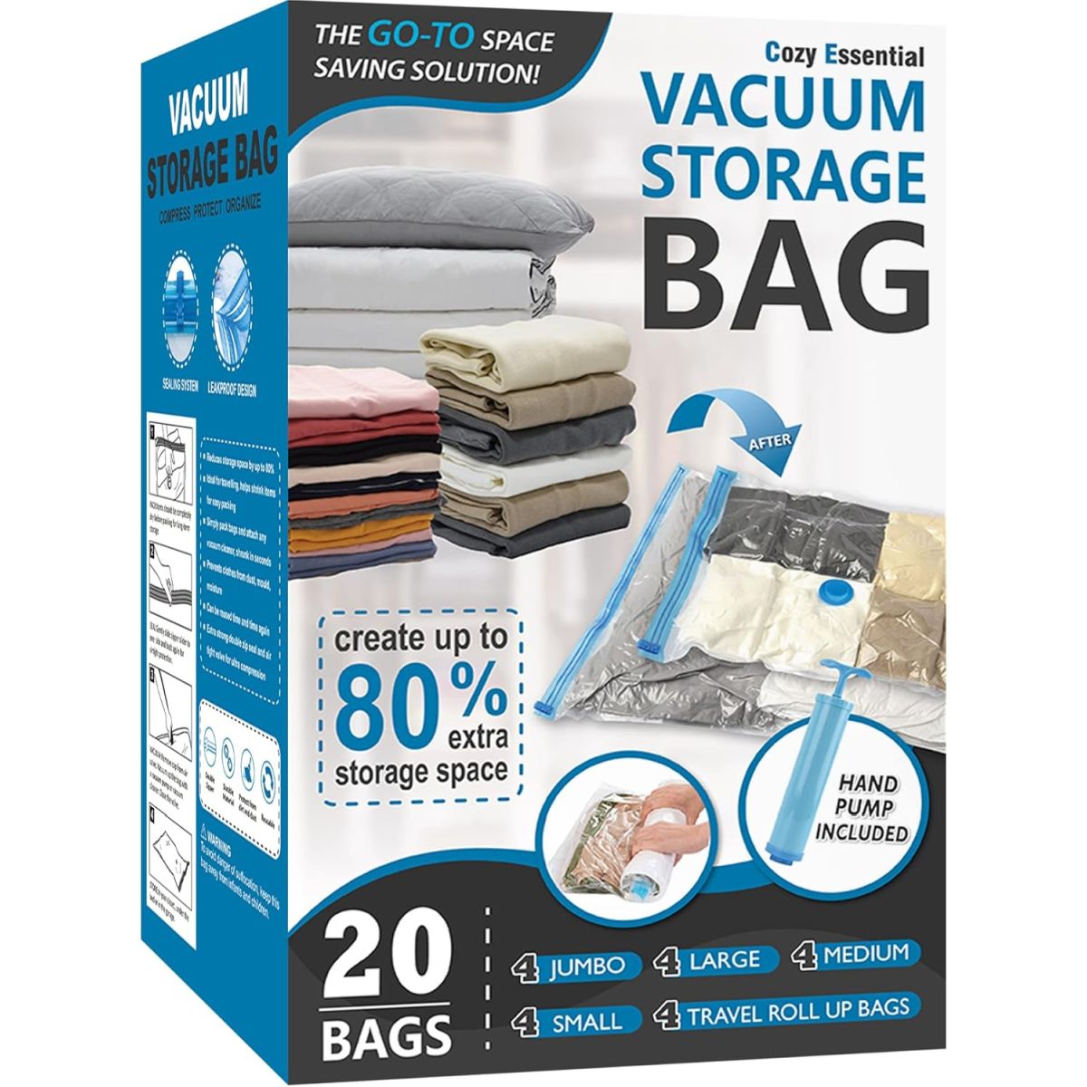 Cozy Essential 20-pack vacuum storage bag box showing several bag sizes and the included hand pump.