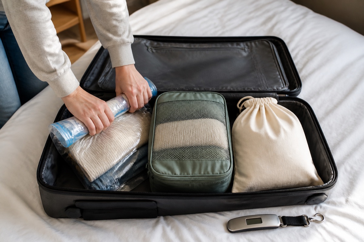 Hands compare travel compression methods inside an open suitcase beside a luggage scale.