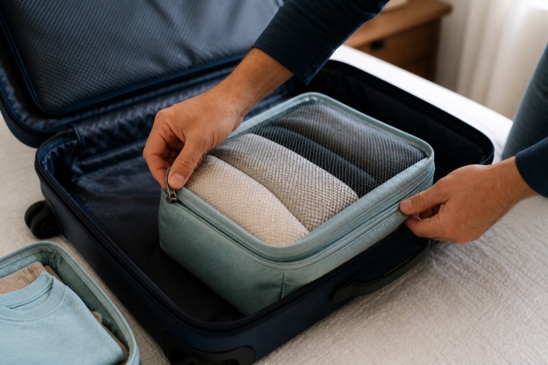 Hands close a compression zipper on a generic cube filled with neutral clothing.