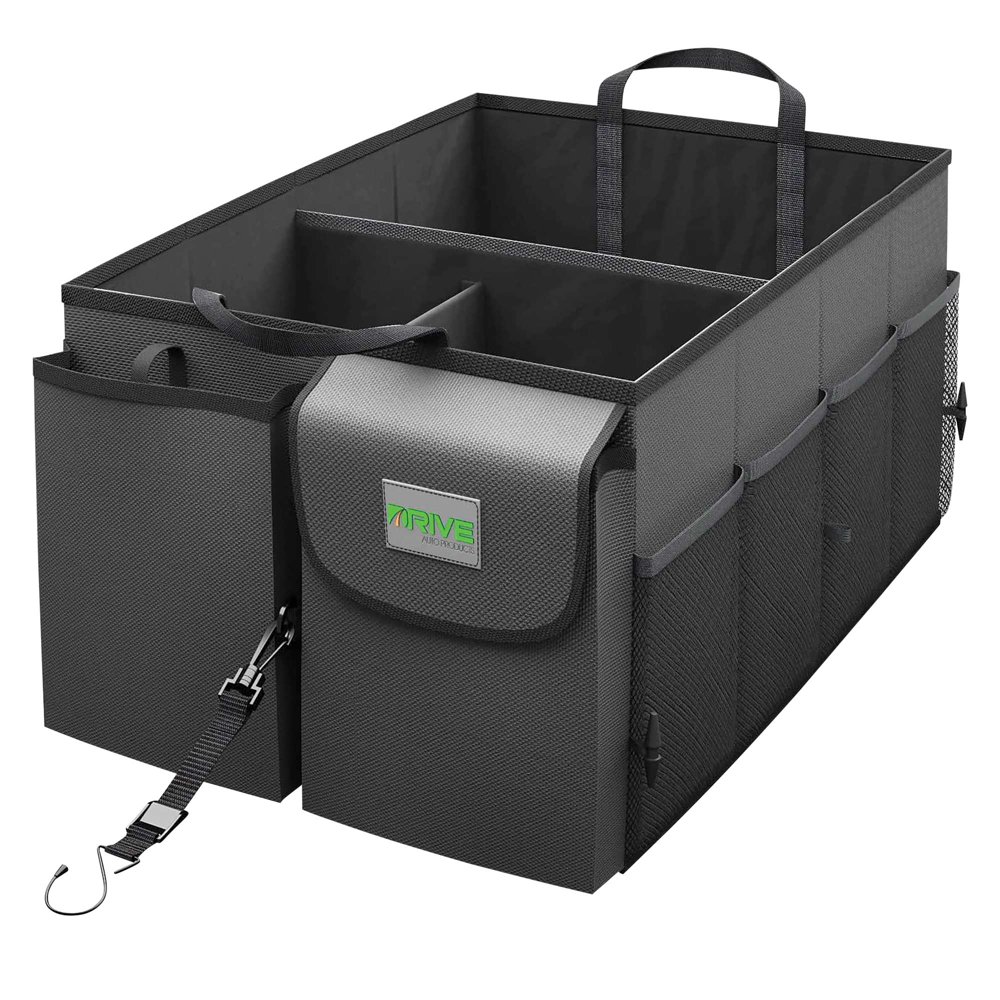 Black Drive Auto Products compact collapsible trunk organizer shown open on a white background.