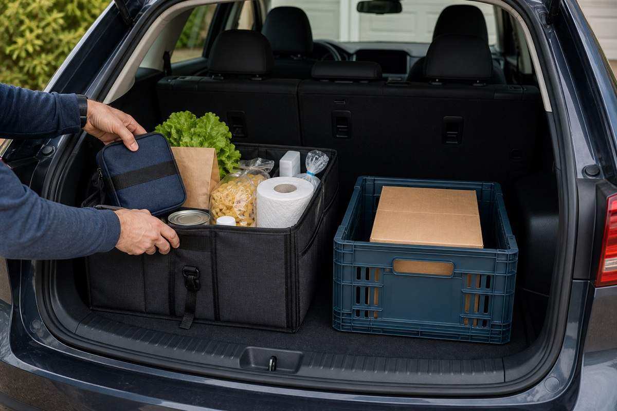 An open car trunk with a fabric organizer for loose groceries beside a rigid crate holding a box.