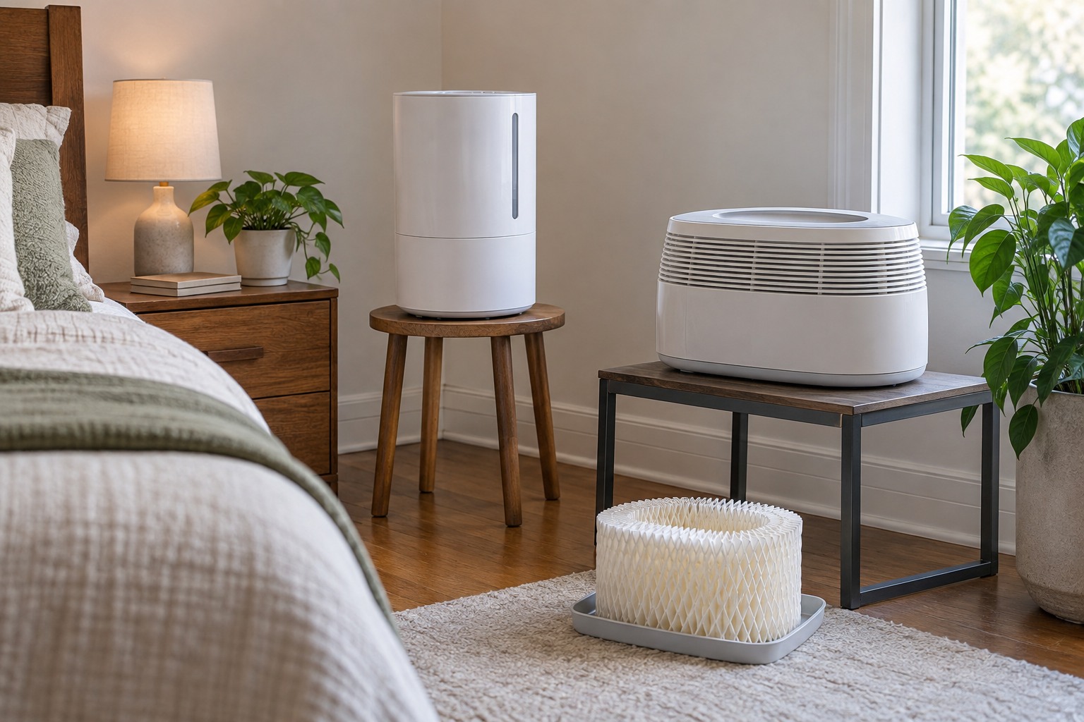 AI illustration of generic equipment for Ultrasonic or Evaporative? Pick the Humidifier You Can Keep Clean; not the named products.