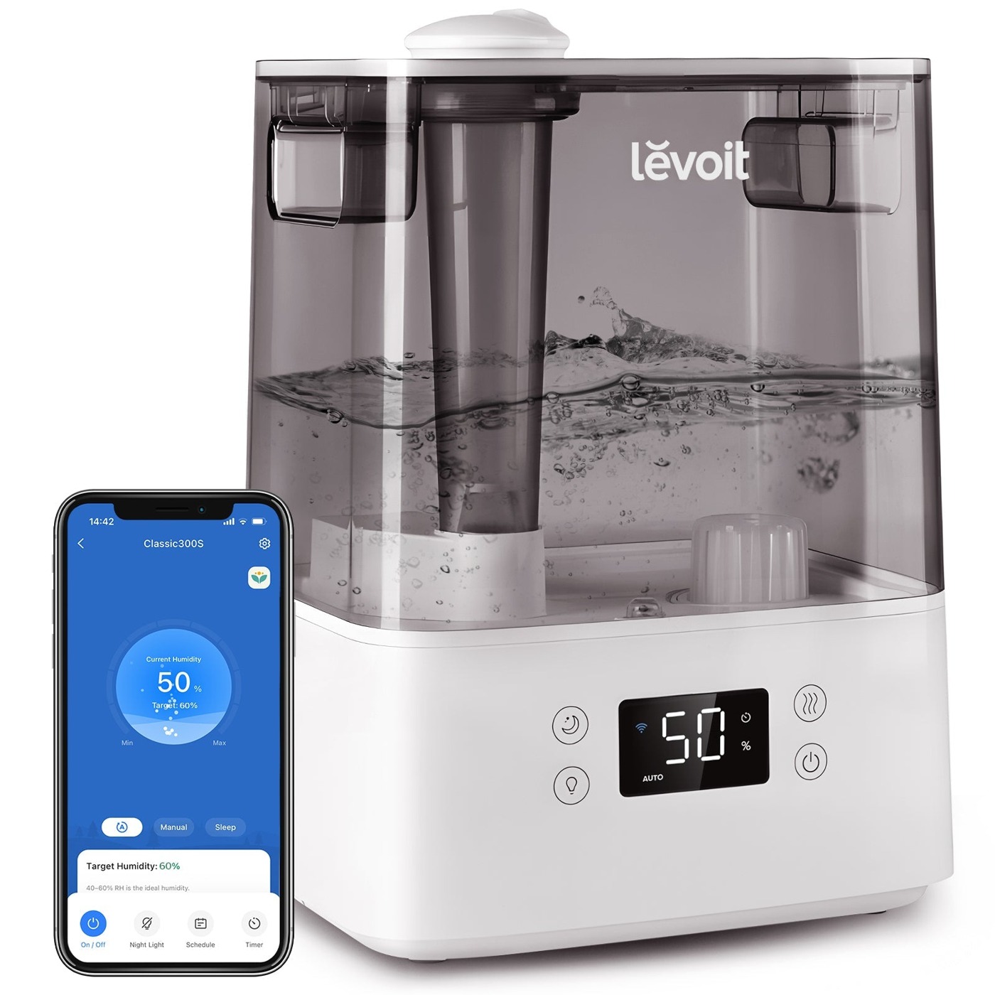 Levoit manufacturer image of Classic 300S with its companion app; phone not included.