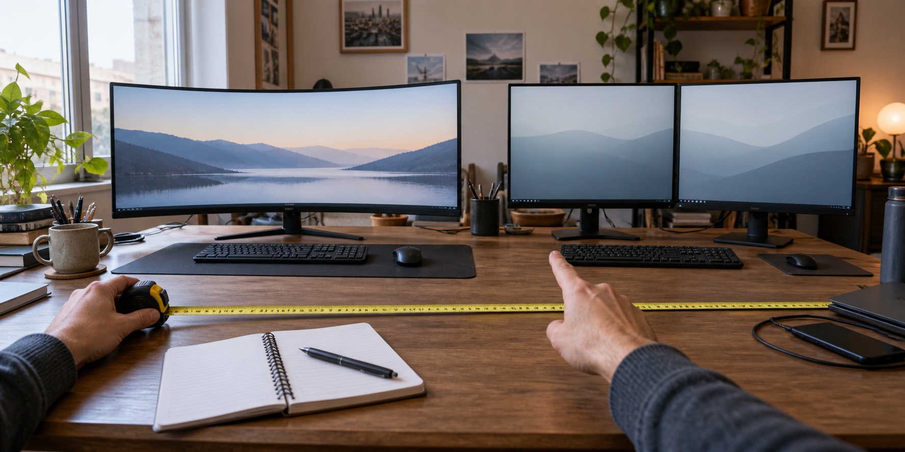 AI illustration of hands measuring an ordinary desk with one curved ultrawide monitor beside a two-monitor setup; no performance is demonstrated.