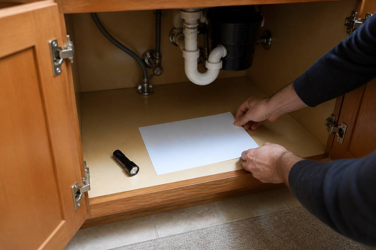 A hand checks for moisture on the floor of a kitchen sink cabinet near visible plumbing.