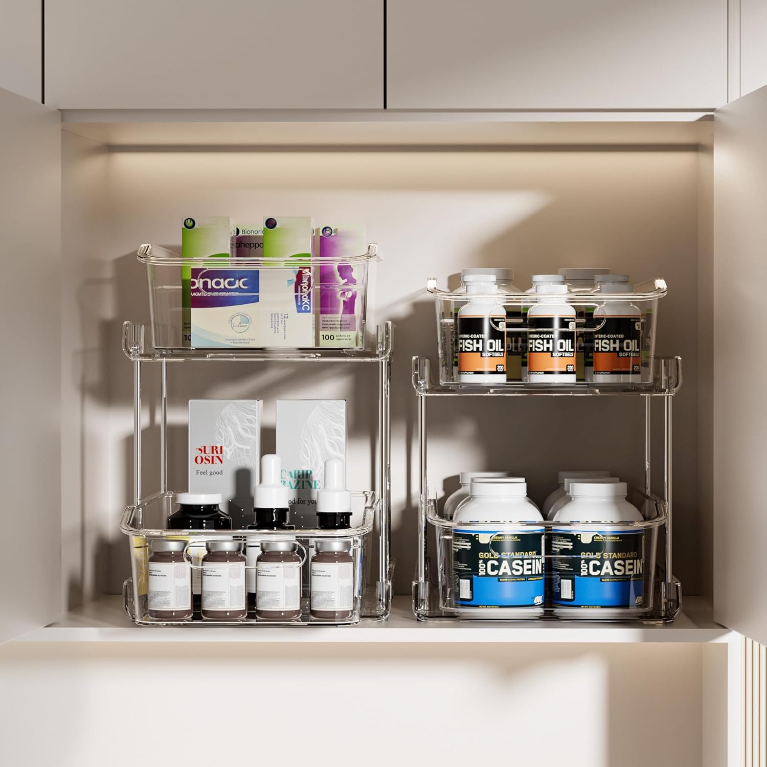 Two clear DELAMU two-tier organizers installed side by side inside a cabinet.