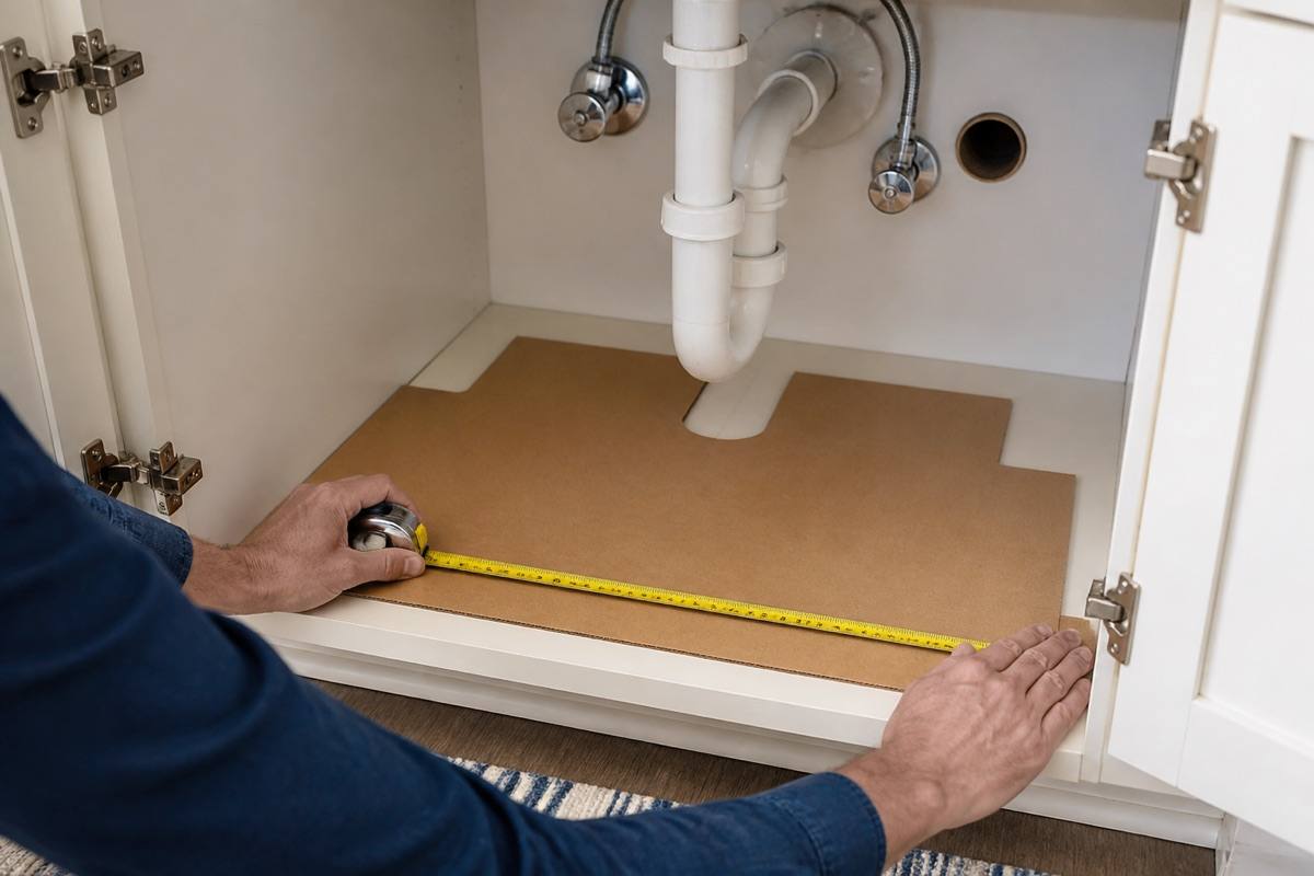 A hand measures usable under-sink cabinet space around pipes and shutoff valves.