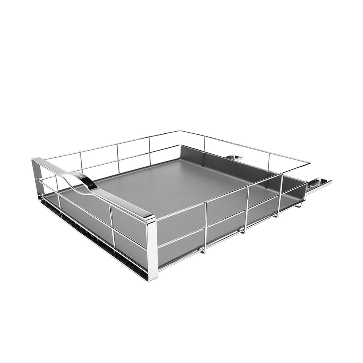 Silver simplehuman 20-inch pull-out cabinet organizer with gray drip tray on a white background.