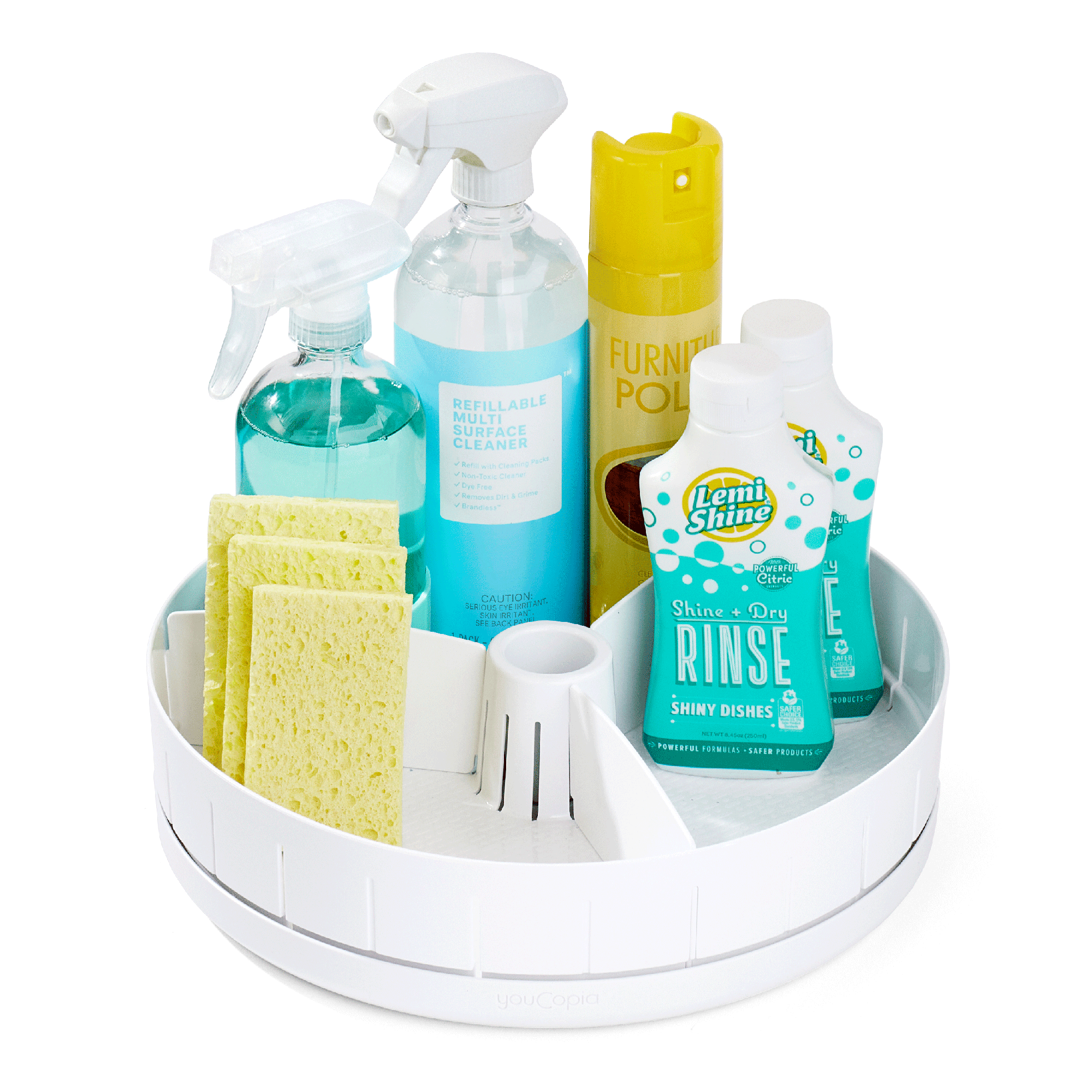 White YouCopia SinkSuite under-sink turntable loaded with cleaning bottles and sponges on a white background.