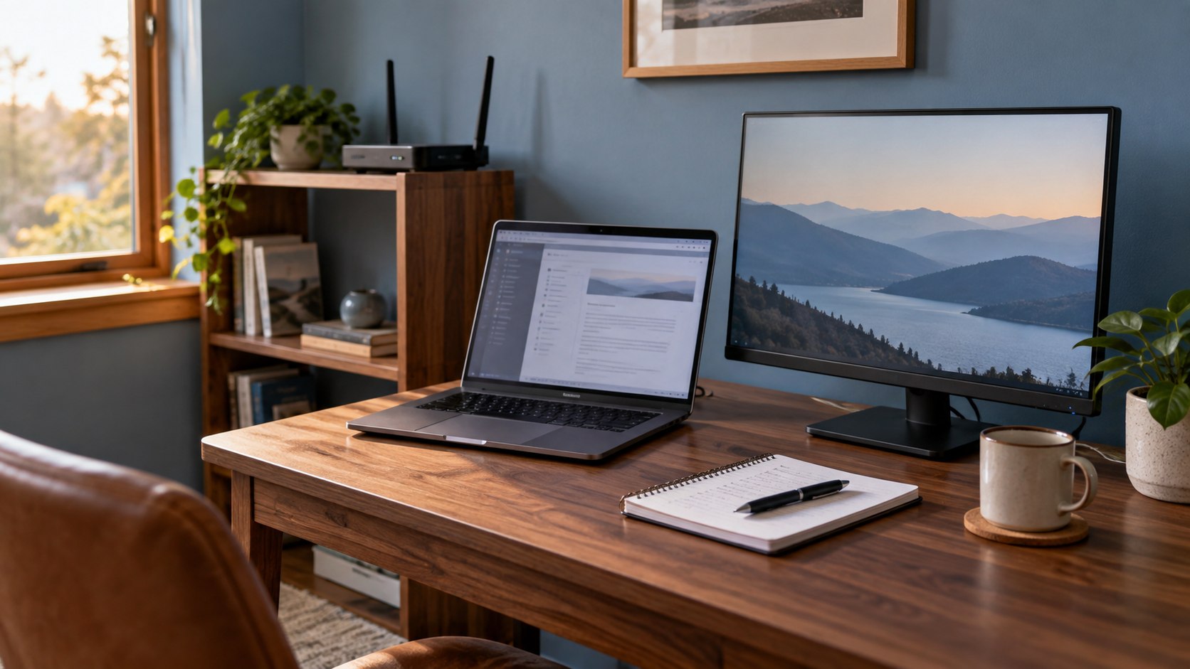 AI illustration of a laptop, external display and separate router in a home office; no backup performance is demonstrated.