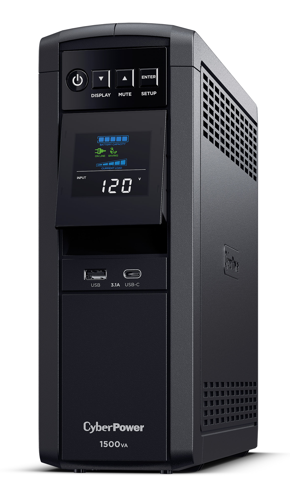 Manufacturer photo of the CyberPower CP1500PFCLCD with color LCD and front USB-A and USB-C charging ports.