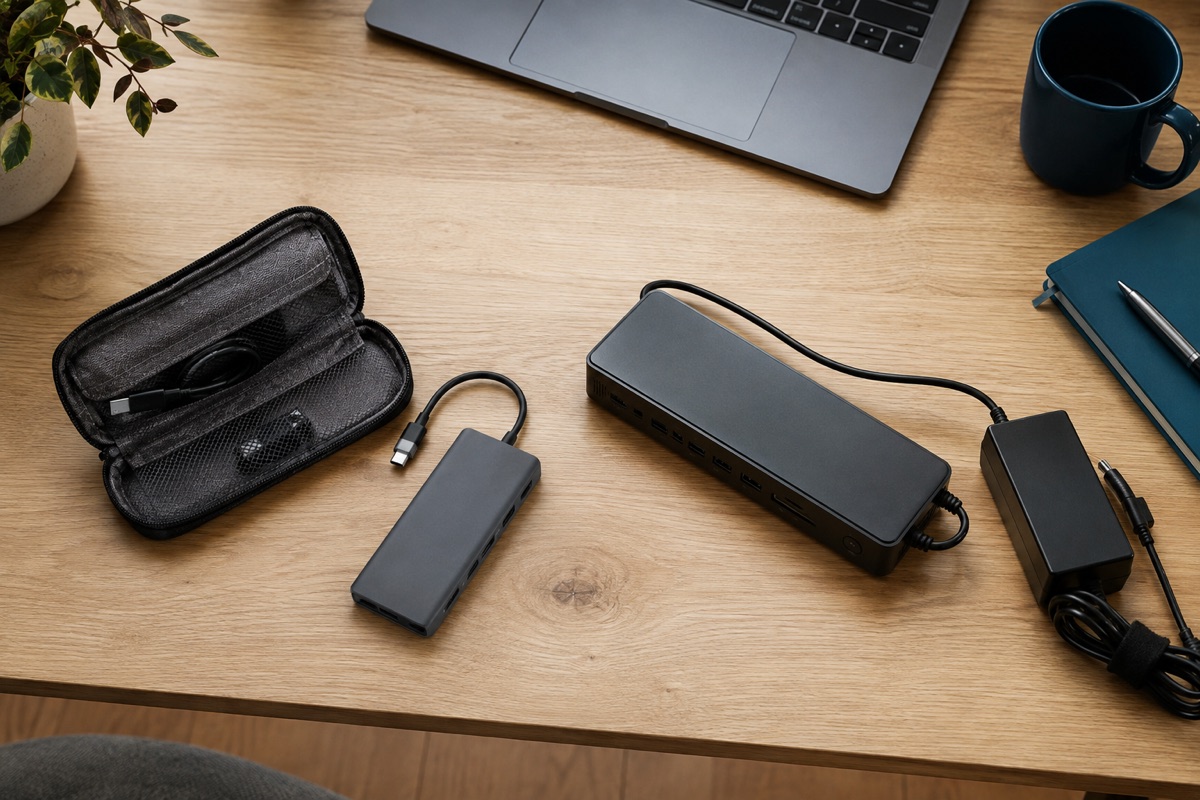 AI illustration of a compact travel hub beside a larger powered desk dock and charging brick.