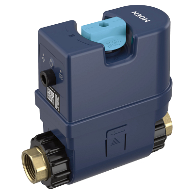 Manufacturer photo of the Moen Flo 900-001 main-line water monitor and shutoff, 3/4-inch model.