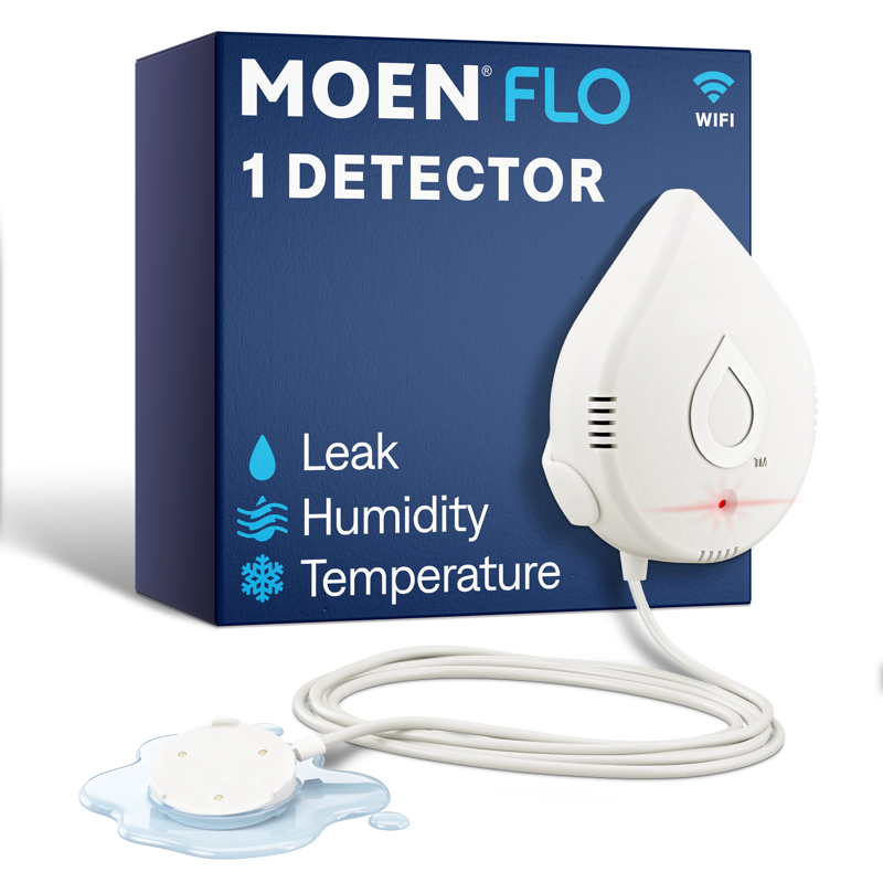 Manufacturer photo of the Moen 920-004 detector, remote sensing disc and single-unit packaging.