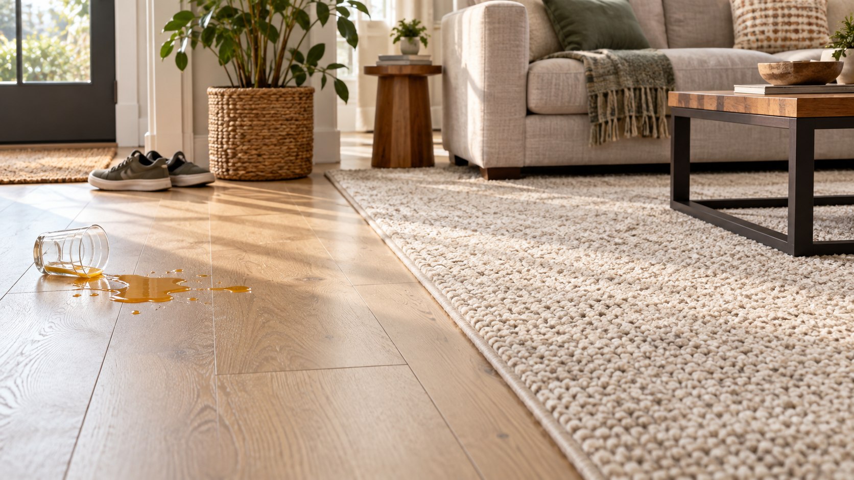 AI illustration of a small drink spill on hard flooring beside an area rug, showing the two different cleaning surfaces.
