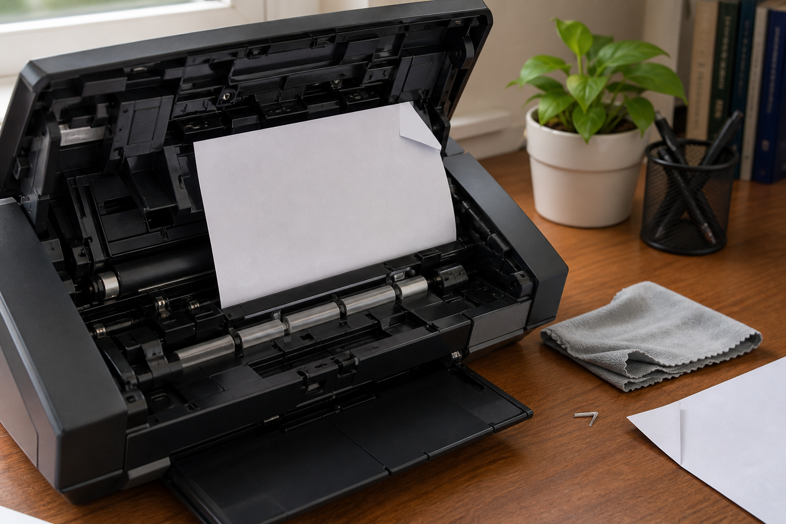 An open desktop scanner shows a skewed sheet near the rollers with a cleaning cloth and bent-corner paper nearby.