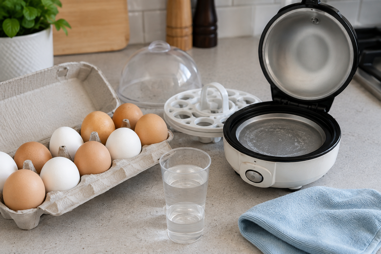 A home counter shows mixed egg sizes, a measured water cup, an egg tray, and light mineral residue beside a compact cooker.
