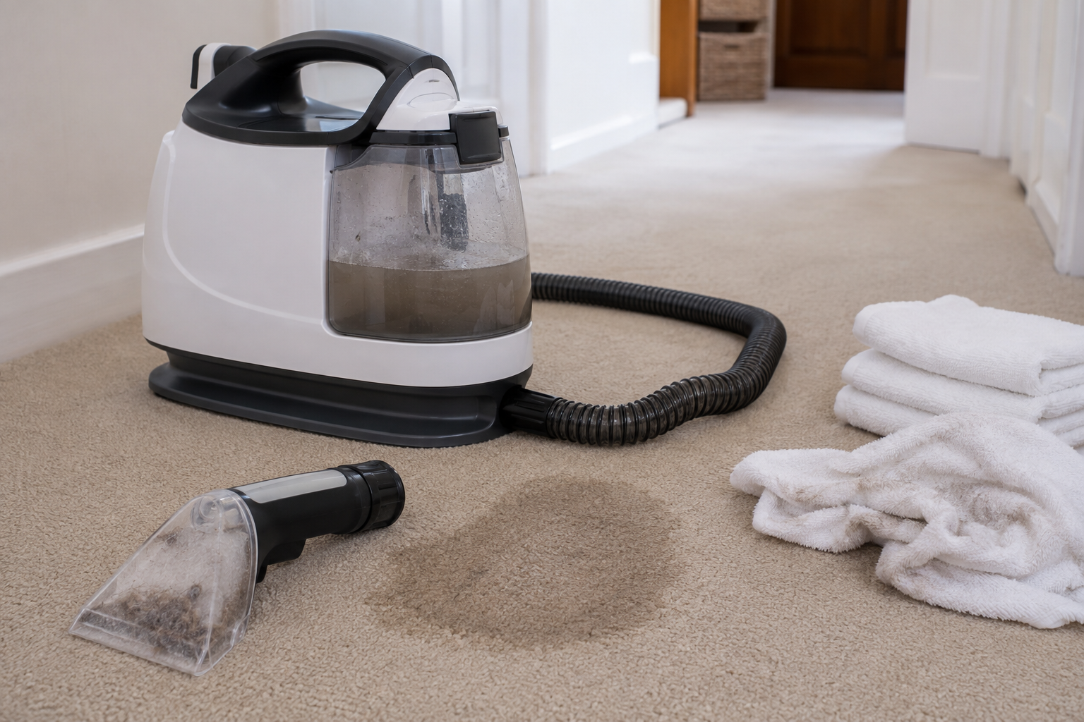 A portable spot cleaner beside an exposed dirty-water tank, hose, clear nozzle, damp carpet patch, and drying towels.
