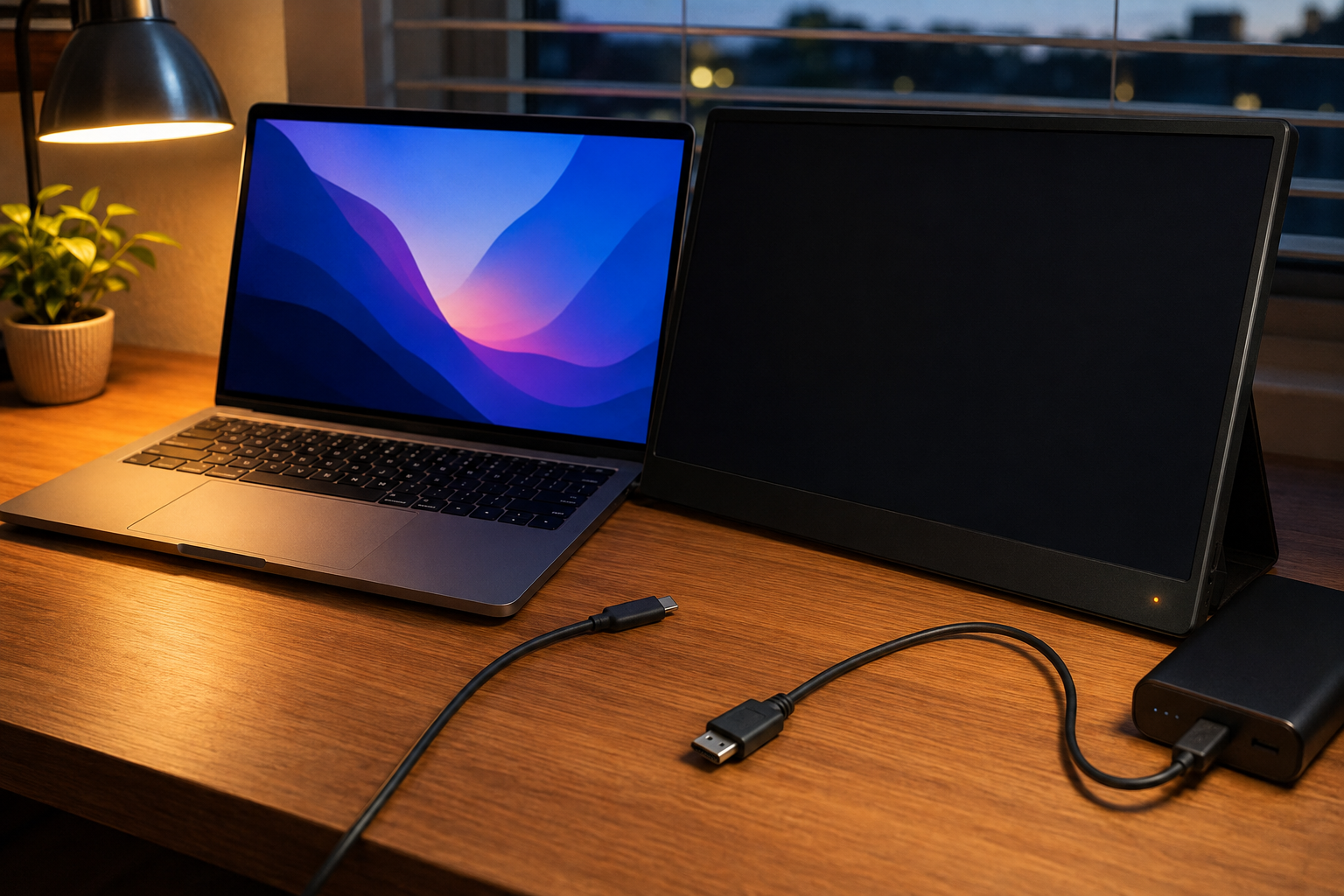 A working laptop beside a dark portable monitor, power bank, USB-C cable, HDMI cable, and adapter on a home-office desk.