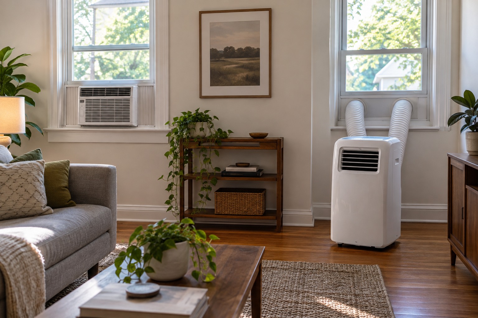 AI illustration of generic equipment for Window or Portable AC? Start With the Room, Not the BTU Claim; not the named products.