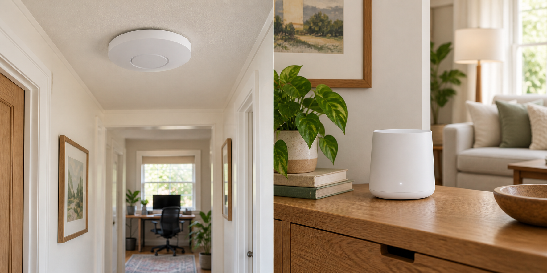 AI editorial illustration of two alternative home Wi-Fi setups: a flush-mounted ceiling access point with concealed cabling and a mesh node on a console.