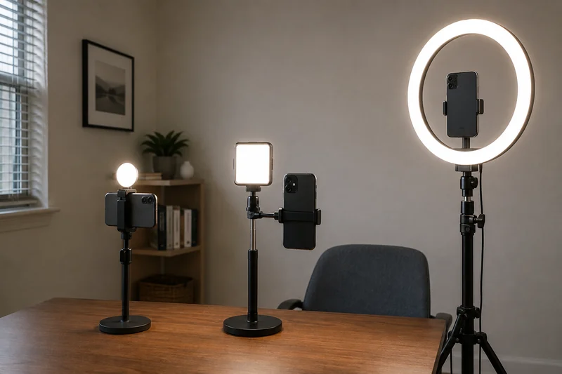 An unbranded clip-on phone light, pocket LED panel, and full-size ring light stand arranged in a compact home office.