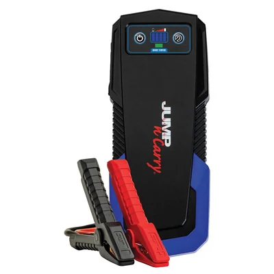 Clore Jump-N-Carry JNC325 portable lithium jump starter with attached clamps on a white background.
